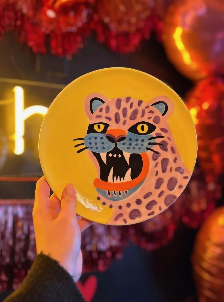 Leopard plate painted at art-ful Worthing